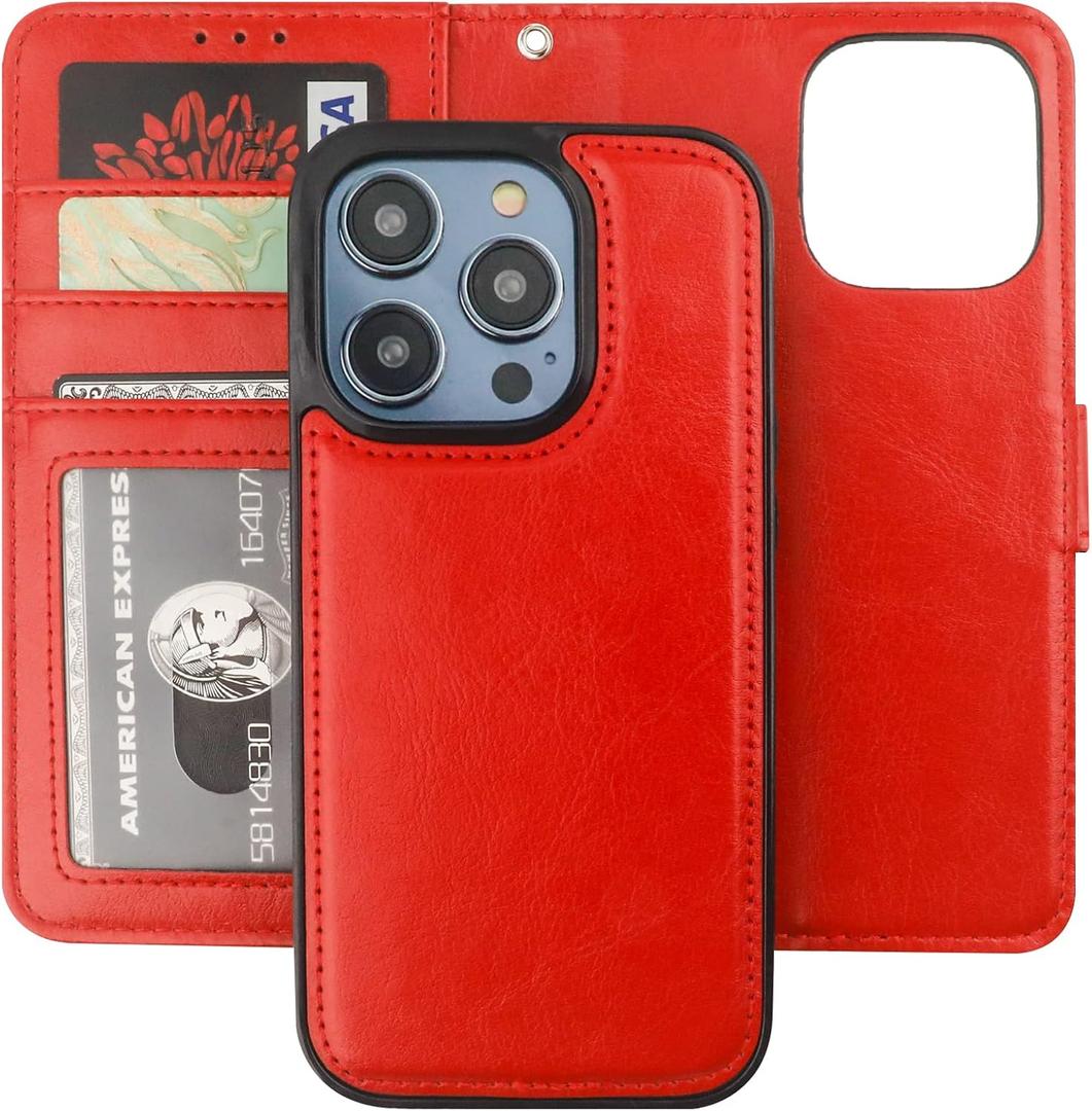 Bocasal Detachable Wallet Case for iPhone 14 Pro RFID Blocking Card Slots Holder Premium PU Leather Magnetic Kickstand Shockproof Wrist Strap Removable Flip Protective Cover 5G 6.1 inch (Red)