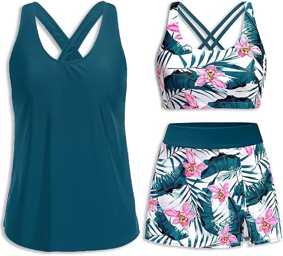 Daci Womens  Piece Tankini Swimsuits with Skirt - Tummy Control Bathing Suit Swim Tank Top and Sport Bra 2026 Athletic Swimwear L, Blue Pink