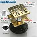 4 Inch Shower Drain, Square Shower Floor Drain Kit with Flange and Removable Cover Grate, AISI 304 Stainless Steel, Brushed Gold