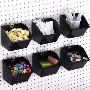 Suzile 6 Pcs Pegboard Bins with Hooks Containers Bins Pegboard Baskets Cups Organizer Accessories for Classroom Office Garage Workshop Craft Storage(Black)