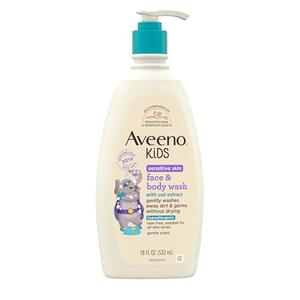 Aveeno Kids Face & Body Wash for Sensitive Skin, Oat Extract, Tear-Free, Non-Drying, Light Scent, Pump Dispenser, Hypoallergenic, Sulfate & Dye Free, 18 fl oz Pack of 2