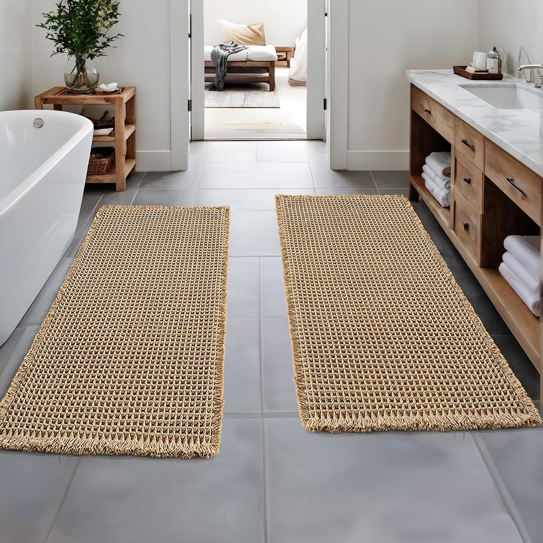 MIULEE Set of 2 Waffle Bathroom Runner Rugs, Boho Bath Rugs Non Slip Washable, Super Absorbent Runner Bath Mats, Rubber Backed Shower Mats for Hallway Bedroom Laundry Room, Brown, 2'x5'(24x60 Inch)