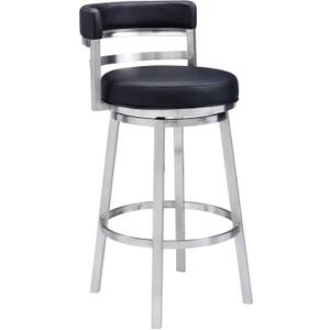 Armen Living Madrid 30" Seat Height Swivel Modern Black Faux Leather and Brushed Stainless Steel Bar Stool for Kitchen Island Counter