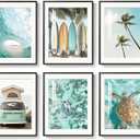 Framed Coastal Beach Wall Art for Living Room, 6 Pcs Ocean Wave Surfboard Palm Tree Sea Turtle Canvas Artwork, Teal Green Summer Seascape Picture Print for Dining Room Bedroom Wall Decor, 11x14 Inch
