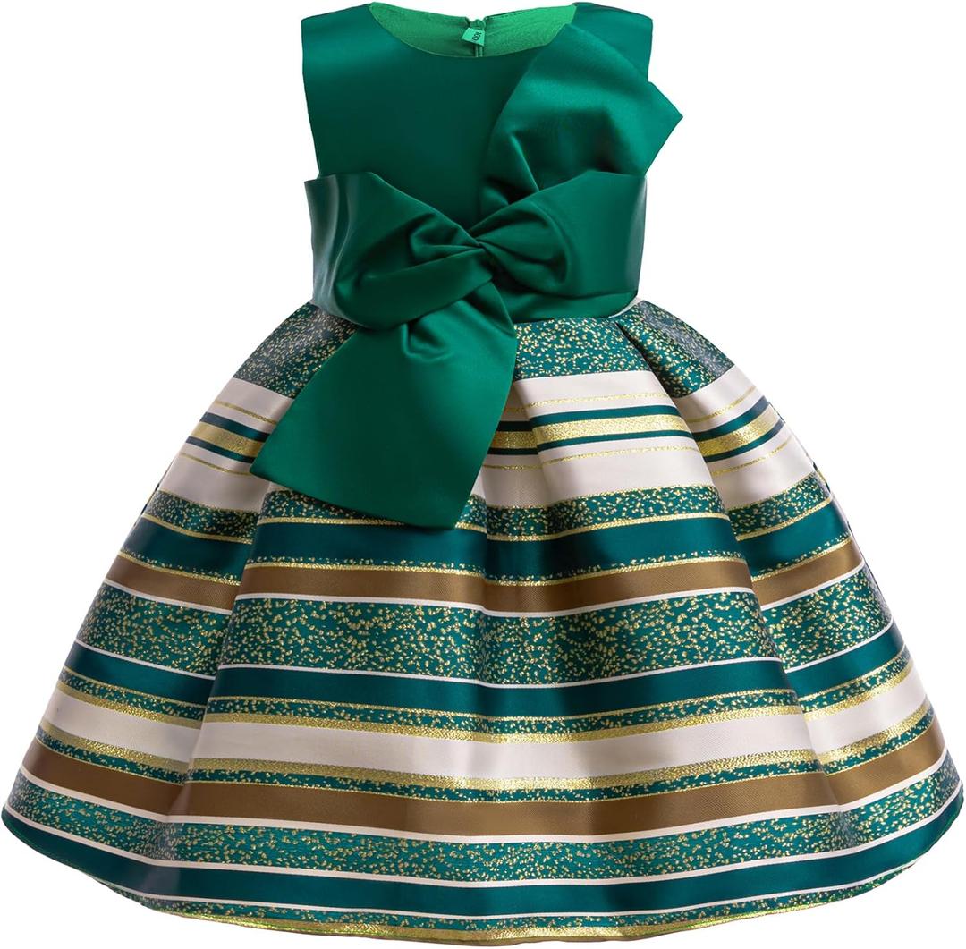 CMMCHAAH Flower Girl Wedding Dress Christmas Clothes Pageant Toddler Birthday Party Striped Printed Dresses (4055 Green,100)