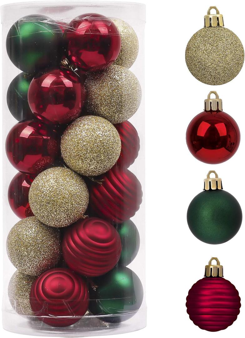 Valery Madelyn 1.57 Inches Small Christmas Tree Decorations Ornament Set, 24ct Red Green Gold Shatterproof Hanging Ball Ornaments Holiday Party Decor