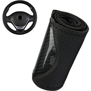 Car Leather Steering Wheel Cover, Breathable Perforated Anti-slip Wrap, Anti-scratch Stitch on Microfiber Leather Protector, Tight Fit for Most 14.96" Steering Wheel (Black)