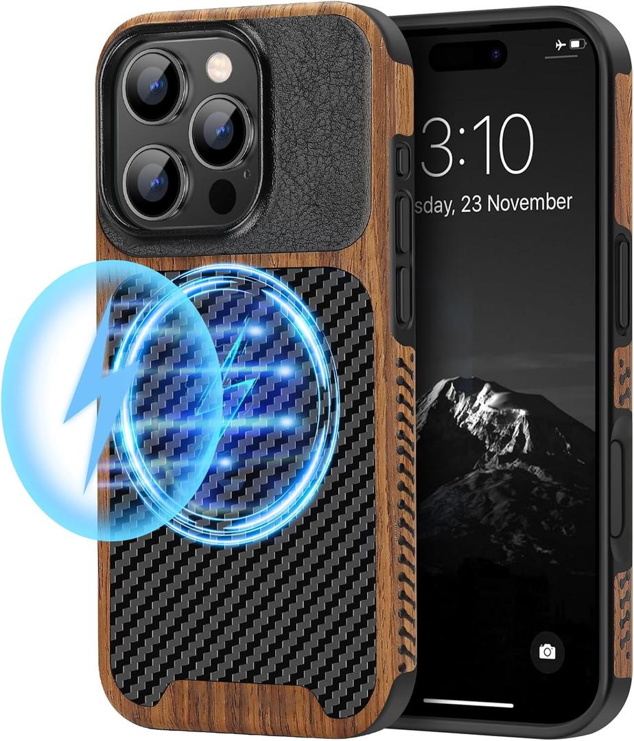 TENDLIN Magnetic Case Compatible with iPhone 16 Pro Max Phone Case Wood Grain with Carbon Fiber Texture Design Leather Hybrid Slim Case (Compatible with MagSafe) Black