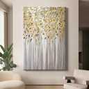 Gold Leaf Picture Abstract Golden Painting Grey Gold and White Artwork Modern Textured Wall Art Golden Tree Artwork Minimalist Botanical Prints Abstract Leaves Canvas Wall Art 16x24inch Framed