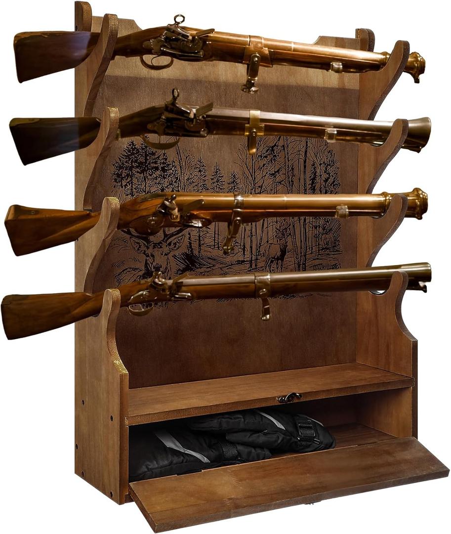 Four Gun Wooden Gun Display Rack with Cabinet Storage Compartment and Soft Pad for Rifle Accessories Shotgun Rifle Rack for Wall Mount Home Indoor Decor, Deer Pattern