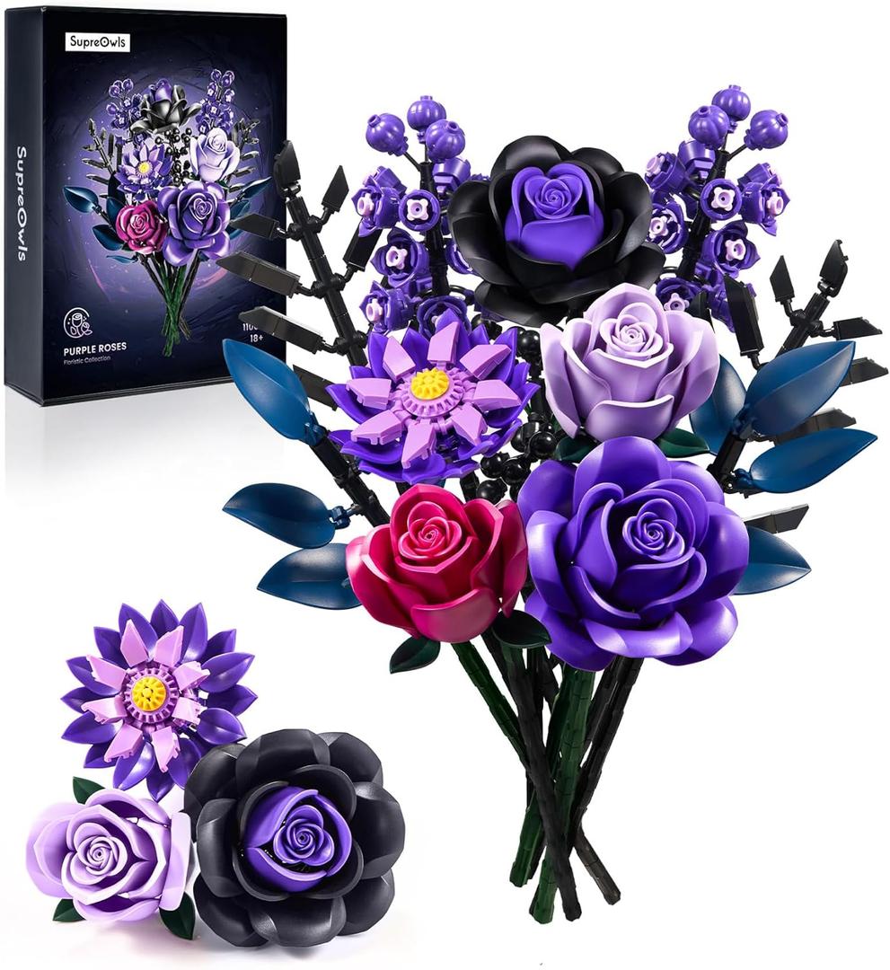 iATOM Flower Bouquet Building Set, Purple Roses Botanical Collection Kits for Adults Women, Gift for Valentine's Day for Her/Mom/Girlfriend/Wife/Couple, Gothic Romantic Home Room Office Table Decor