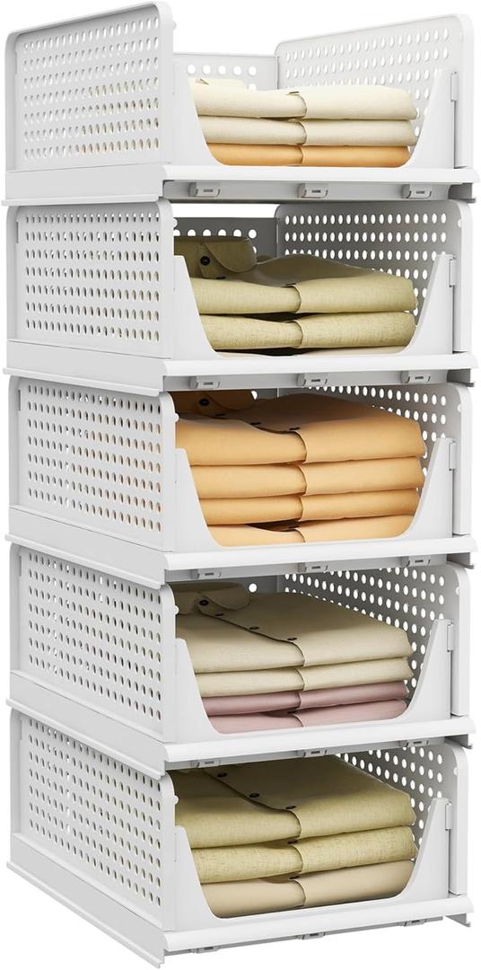 Pinkpum Stackable Plastic Storage Basket-Foldable Closet Organizers and Storage Bins 5 Pack Drawer Shelf Storage Container for Wardrobe Cupboard Kitchen Bathroom Office 5L (White)