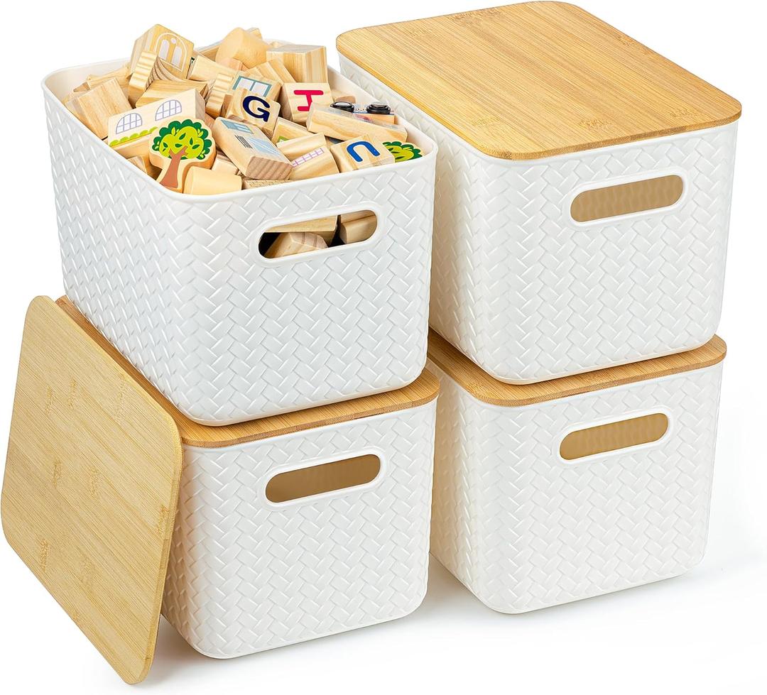 4 Pack Bamboo Lid Storage Bins - Stackable Plastic Containers for Organizing Desktop, Closet, Playroom, Classroom, Office, White