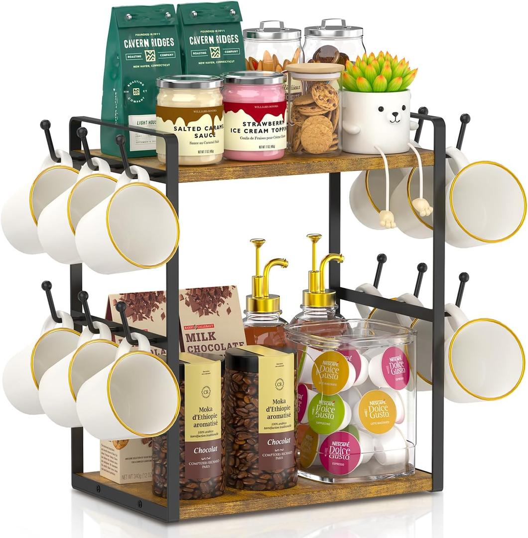 EsLuker.ly Coffee Station Bar Organizer Mug Holder Stand Countertop, 2 Tier Mug Cup Tree Rack for Kitchen Office, Storage Shelf with 12 Hooks, Creat Stylish Coffee Corner (Vintage Brown + Black)