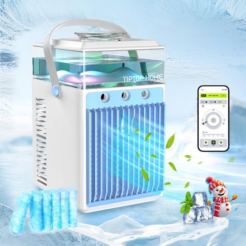Portable Air Conditioner Fan, Rechargeable 4-IN-1 Personal Mini Cooler Humidifier, 3-Speed Evaporative Air Cooler with 7 Color Lights, Cordless AC Desktop Spray Fan, Quiet Desktop Cooling Fan