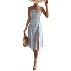 Floerns Women's Floral Print Self Tie Front Ruched Bust Split Thigh Midi Dress Blue Floral Large