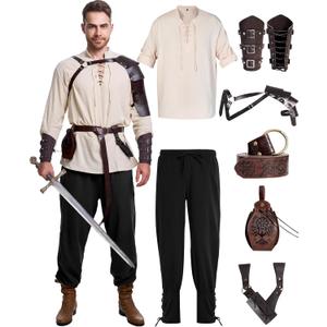 8 Pcs Men's Renaissance Costume Halloween Medieval Pirate Shirt Pant Viking Costume Accessories Set (Large)