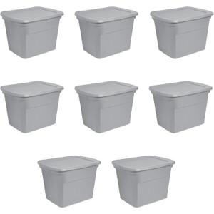 Sterilite 18 Gal Storage Tote, Stackable Bin with Lid, Plastic Container to Organize Clothes in Closet, Basement, Gray Base and Lid, 8-Pack