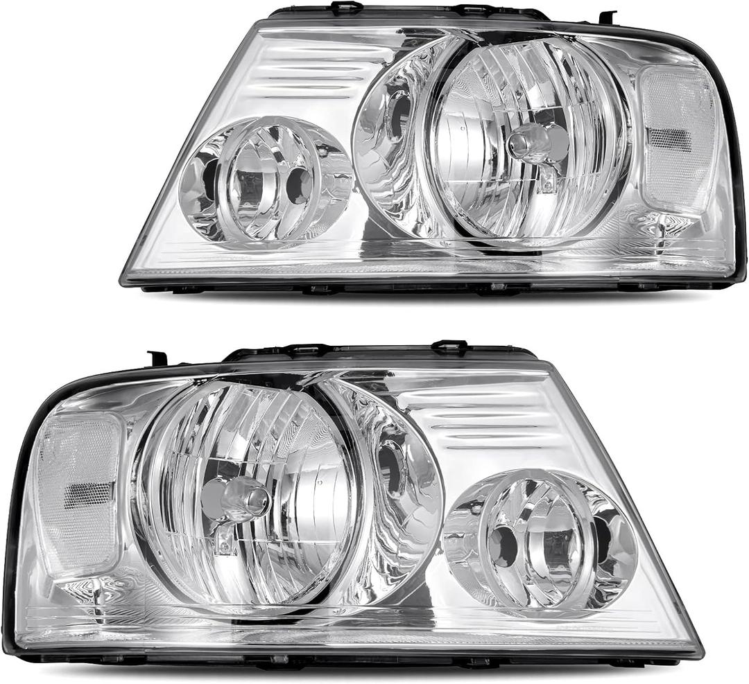 DWVO Headlight Assembly Compatible with 2004-2008 Ford F150 Pickup 06-08 Lincoln Mark LT Passenger and Driver side Chrome Housing Clear Reflector Clear Lens