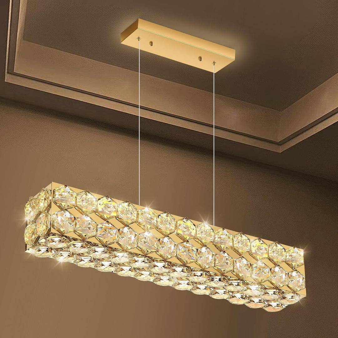 24'' Modern Crystal Chandelier for Dining Room Ceiling Light Fixture for Living Room Hallway Lighting LED Dimmable with Remote Gold