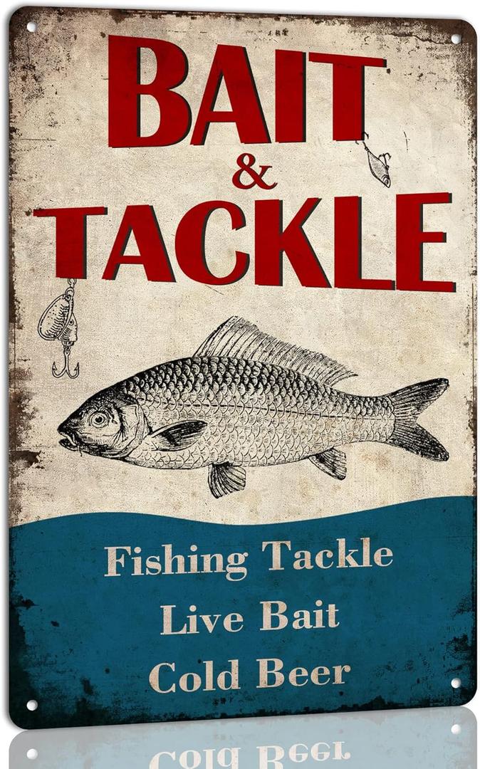 Generic Bait and Tackle Metal Tin Sign Retro Fishing Vintage Poster for Farmhouse Kitchen Home Man Cave Wall Decor Fishing Lovers Metal Plaque 8x12 Inches