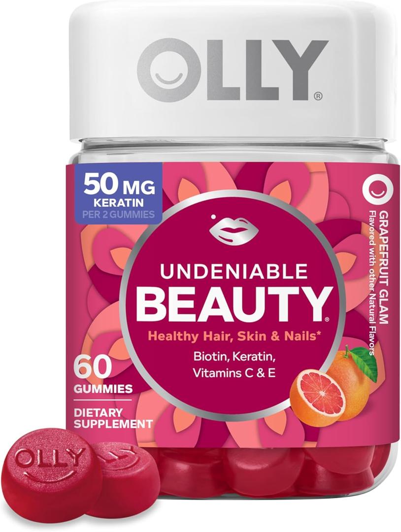 OLLY Undeniable Beauty Gummy, For Hair, Skin, Nails, Biotin, Vitamin C, Keratin, Chewable Supplement, Grapefruit, 30 Day Supply - 60 Count (BB: 06/05/2026)