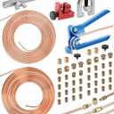 25 ft 3/16in &1/4in Copper Coated Brake Line Flaring Tool Kit, Includes 3-in-1 Tube Bender, Double & Single Flaring Tool Set, 1 Tube Cutter, 4 Threads Unions, 40 Fittings