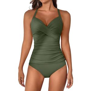 B2prity Women's Ruched Tankini Swimsuits V Neck Wrap Tie Back Two Pieces Bathing Suit Tummy Control Swimwear, Size large