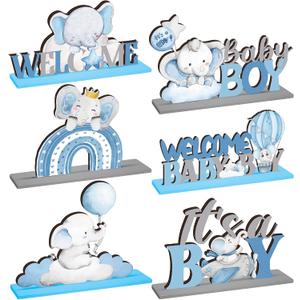 DoubleFill 6 Pcs Gender Reveal Decor It's a Boy Baby Shower Decoration Elephant Party Wooden Table Sign Blue Welcome Baby Centerpieces for Boy Birthday Pregnancy Announcements Newborn Party