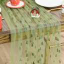 Artoid Mode Embroidery Xmas Trees Fern Green Gauze Table Runner 120 Inch 10FT, Winter Sheer Dining Holiday Wedding Birthday Table Decor for Home Party