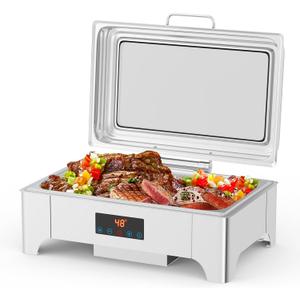 Electric Chafing Dish, 9 QT Full Size Touch Screen Chafing Dishes for Buffet Roll Top Set Food Servers and Warmer with Glass Lid for Catering, Parties, Weddings, Silver