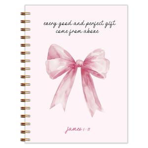 Qnhij Preppy Coquette Pink Bow Christian Spiral Notebook 5.5x8.3, James 1:17 Bible Journaling, Religious Prayer Journal for Woman, Church Notes Notebook, Christian Scripture Journal