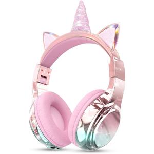 QearFun Kids Unicorn Bluetooth Headphones, 60H Playtime, 74/85/94dB Safe Volume Limit, Metallic Gradient Wireless Headset with Mic, Fast Charging, Foldable, Wired Mode for Girls School/Tablet/Travel