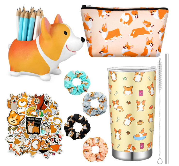 TaoBary Corgi Gifts for Corgi Lovers Includes Corgi Makeup Bag Corgi Pen Pencil Holder with 50 Corgi Stickers 4 Dog Hair Scrunchies Corgi 20 oz Stainless Steel Tumbler for Women(Cute)
