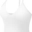 YEOREO Women's Impact Halter Tank Top Strappy Padded Halter Open Back Deep V Neck Built-in Bra Workout Gym Crop Tops, White, XS