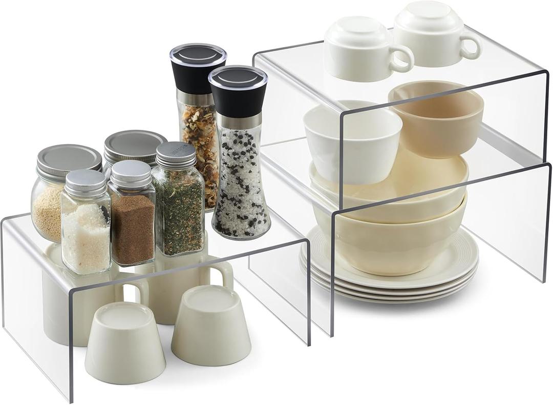 2 Pcs 2 Sizes Clear Cabinet Organizer Acrylic Kitchen Counter Shelves Organizer and Storage Countertop Acrylic Risers Display Shelf for Dishes, Spices, Soda Cans Bottles and Collectibles