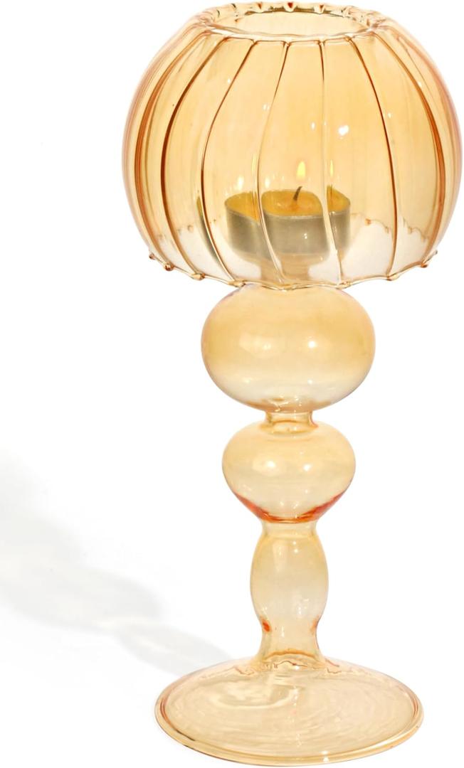Desk Lamp Shaped Glass Candle Holders - Glass Hurricane Candleholders Crystal Decorative Candle Stand for Table Wedding Dinning Centerpieces Party Supplies Decor Amber