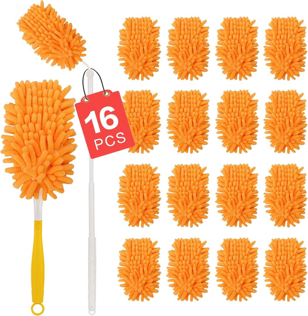 16Pcs Reusable Duster Refill Compatible with Swiffer Hand Duster +3FT Extended Handle +1 Handle, 360 Heavy Duty Duster Refills for Cleaning, Office, Ceiling Fan