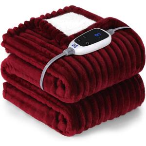 Sealy Heated Blanket Electric Throw, 50"x60" Heating Blanket Throw, 6 Heat Levels & 2-10 Hours Auto-Off Over-Heat Protection, Ribbed Flannel to Sherpa, Machine Washable, Red