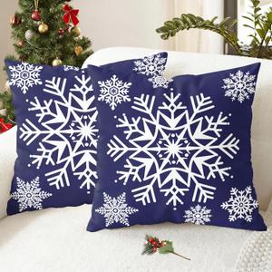 CaliTime Christmas Throw Pillow Covers Decorative 18 X 18 Inches Pack of 2 Cozy Fleece Snowflakes Cushion Cases for Couch Sofa Bed Living Room Navy Blue
