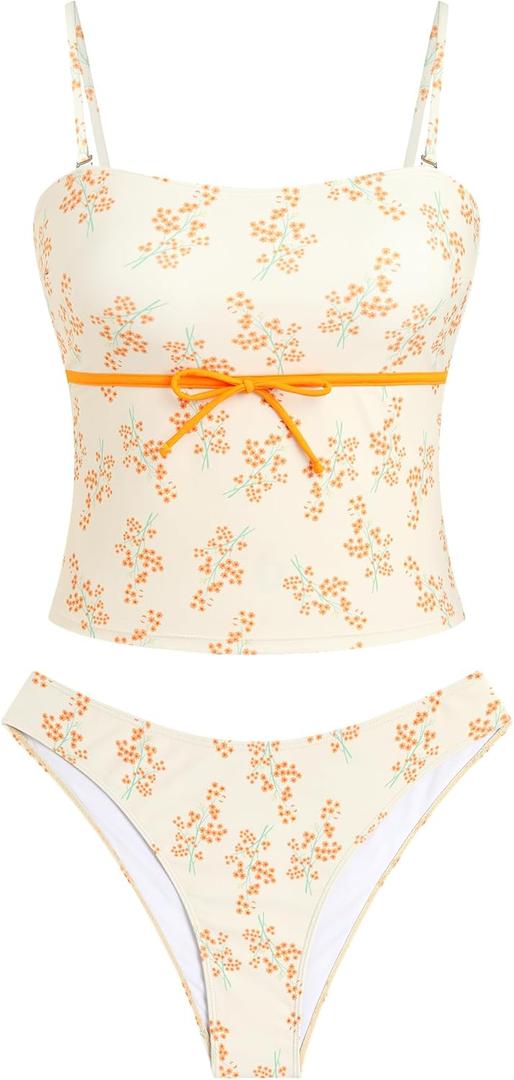 ZAFUL Tankini Swimsuits for Women Bow Tie Side Bathing Suits Tummy Control High Cut Two Piece Bikini Sets (Small, 2-flower-yellow)