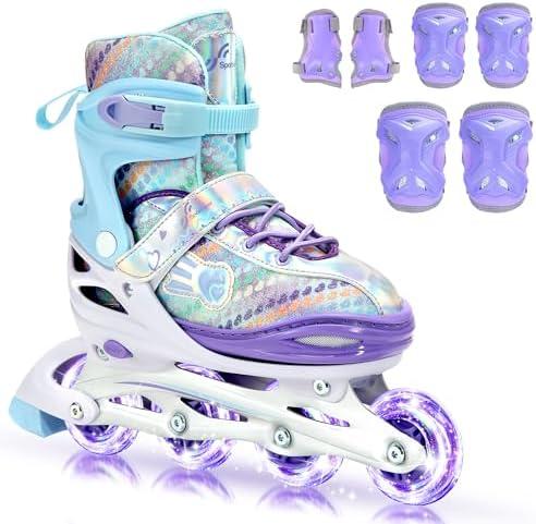 Sportneer Adjustable Inline Skates for Girls, Kids Inline Skates with Light Up Wheels Roller Blade with Protective Gear Set for Kids Girls Women Beginners Indoor & Outdoor Use | S (foot length: 7.3-8inch)