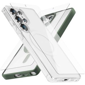 Strong Magnetic for Samsung Galaxy S25 Ultra Case, 2 Case&2 Screen Protector for S25 Ultra Phone,Mil-Grade Drop Protection,Clear and Green
