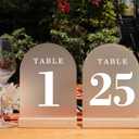 Wedding Table Numbers 1-25, Acrylic Arch Signs with Natural Wood Stands Holders, Rustic Table Decor for Reception & Parties (Frosted White)