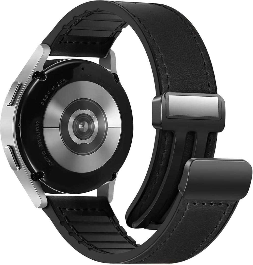 Magnetic Leather Band Compatible with Samsung Galaxy Watch 7/6/5/4/Active 2 40mm 44mm/Watch 6 Classic 43mm 47mm/Watch 5 Pro 45mm/Watch 4 Classic 42mm 46mm, 20mm Strap for Men (A2 Black (for 20mm))