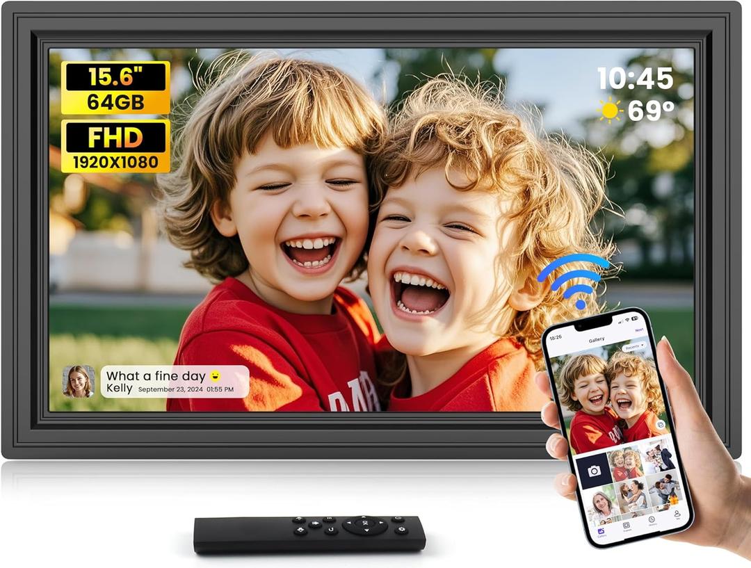 Uhale 15.6" Large Digital Picture Frame 64GB, WiFi Electronic Photo Frames 1920 x 1080 IPS FHD with Remote Control, Wall-Mounted, Support USB/SD Card, Share Photos/Videos Anywhere(No Touchscreen)