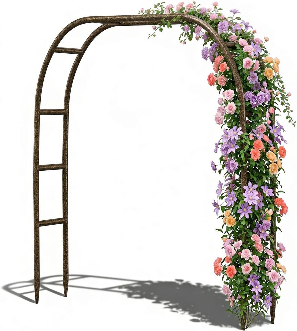 Thickened Metal Garden Arch, 7.8 ft High x 5.5 ft Wide Heavy-Duty Arbor with 16mm Steel Tubes, Sturdy Outdoor Trellis for Climbing Plants Roses Vines, Wedding Party Ceremony Decoration (Brown Strengthen)