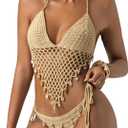 MakeMeChic Women's Boho Hollow Out Halter Bikini Sets Shell Crochet Summer Beach Swimsuit Bathing Suit (Medium, Khaki)