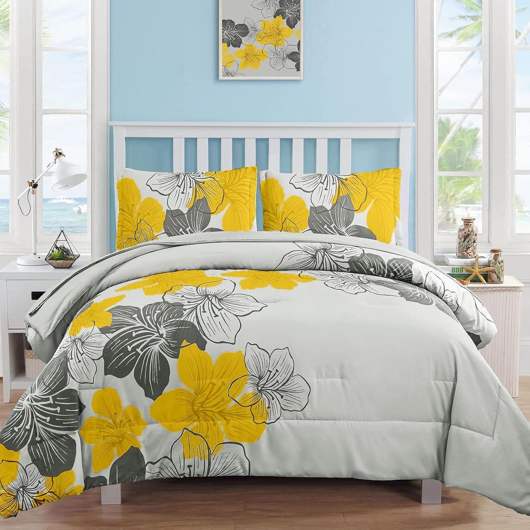 Luxudecor Floral Comforter Set Twin Size, 6 Pieces Bed in a Bag Yellow Floral Comforter and Sheet Set, Soft Microfiber Yellow Complete Bedding Sets for All Seasons 68"86"