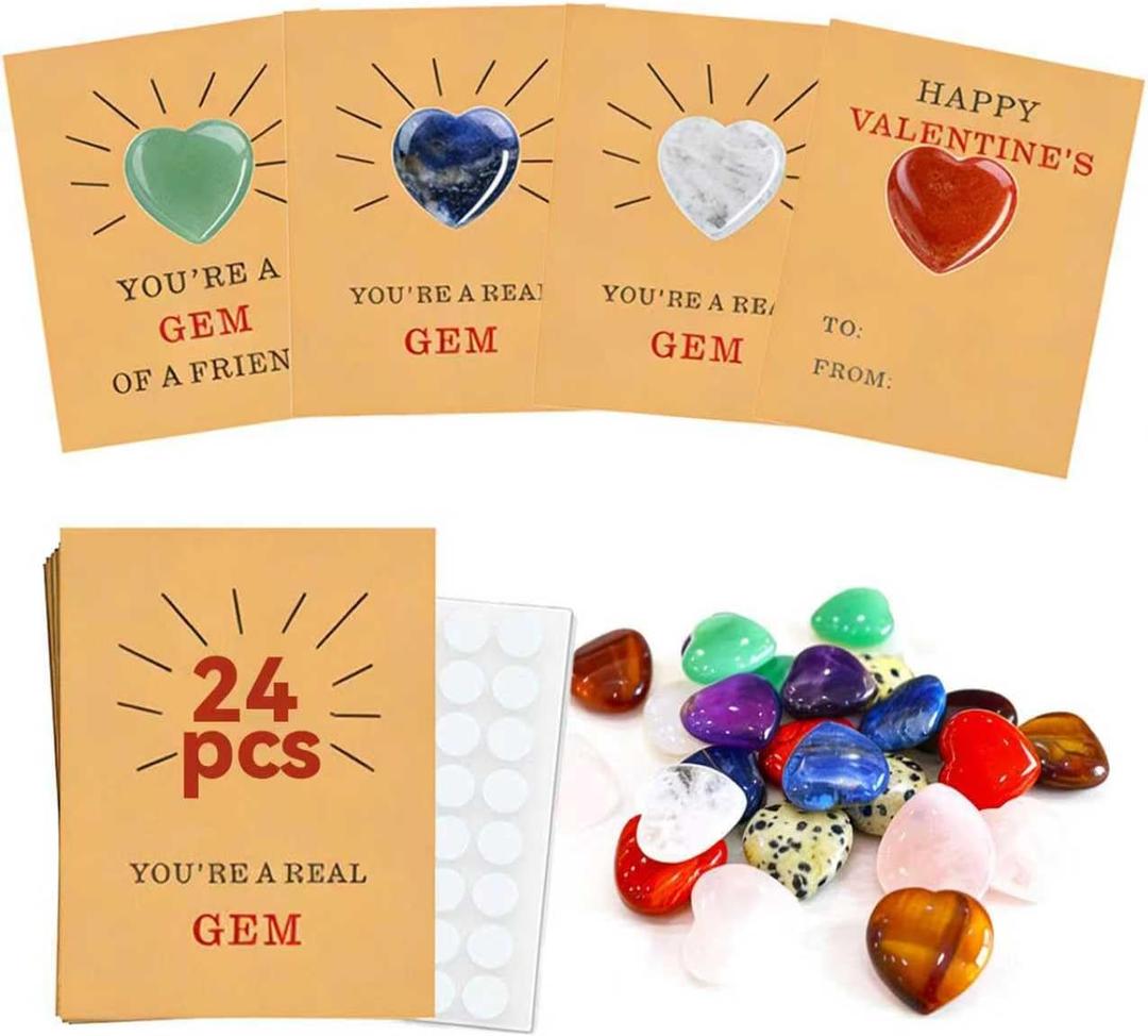 Valentines Day Gifts for Kids  24 Pack Valentine Cards with Heart-Shaped Gemstones, Natural Crystal Rock Exchange Gifts for Boys & Girls, Classroom School Party Favors